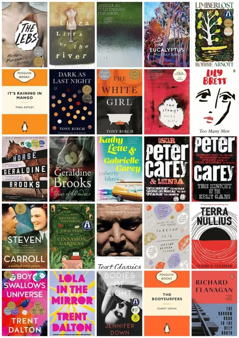 A wall of book covers by Australian authors