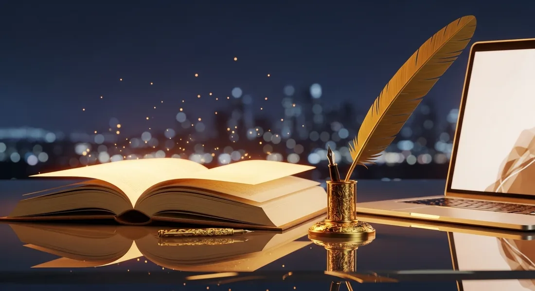 A book, quill and laptop — publishing craft in Sydney